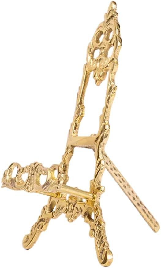 Gold Ornate Brass Easel Display Stand – 6″H x 4″W | Vintage Foldable Tripod Stand for Picture Frames, Plates & Collectibles