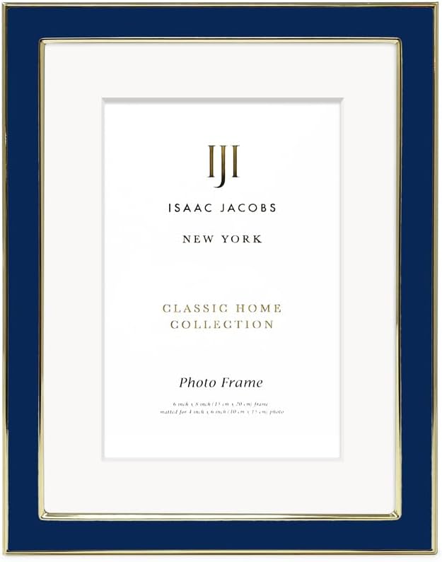 Isaac Jacobs 6x8 (Matted 4x6) Navy Enamel Picture Frame with Gold Metal Edge and Easel, Tabletop Display, Wall Décor, Photo Gallery, (6x8 (Matted 4x6), Navy with Gold)