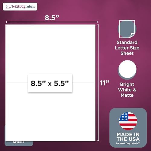 NextDayLabels Half Sheet Shipping Labels 5.5" x 8.5" – Printable Blank Labels for Laser & Inkjet Printers, White Self-Adhesive Stickers, 2 Per Page for Ship, FBA, UPS & FedEx, Made in USA, 250 Pack