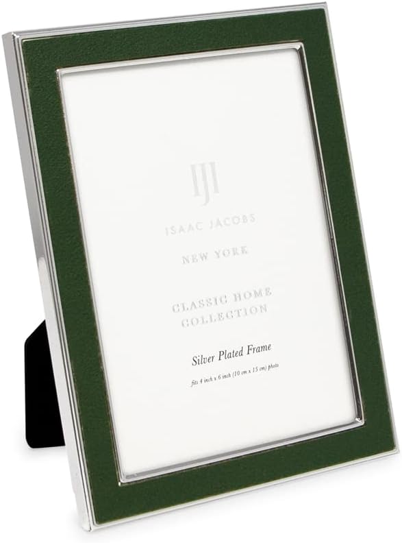 Isaac Jacobs 4x6 Olive Leather with Silver Metal (Vertical & Horizontal) Picture Frame, Suede Border w/Black Fabric Easel, Wall-Mountable, Made For Tabletop, Photo Gallery (4x6, Olive W/Silver)