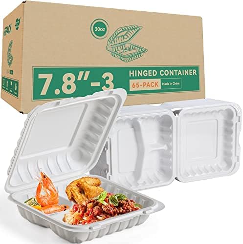 LEOBOX Food Containers Mineral Filled PP Plastic - 7.8 Inch 30oz 65 Pack BPA Free 3 Compartments Shrink Wrap To Go Boxes | Freezer & Microwave Safe for Takeout | White Reusable & Disposable Container
