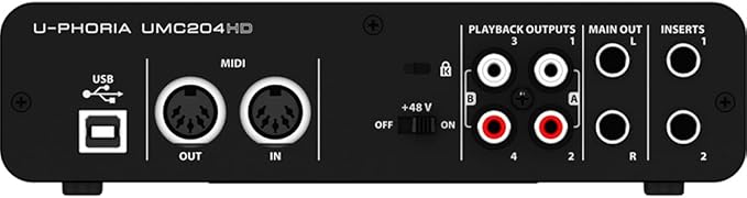 Behringer UMC204HD Audiophile 2x4, 24-Bit/192 kHz USB Audio/MIDI Interface with Midas Mic Preamplifiers | For Recording Microphones and Instruments