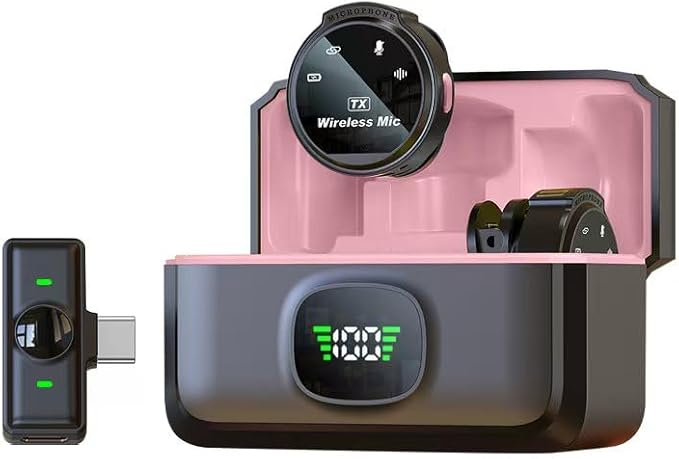 2 Pack Wireless Lavalier Microphone for iPhone 15, Android, USB C, ipad with Adapter Included, Noise Cancellation Mini Lapel Mic for YouTube, Recording, Vlog, Facebook Live Streaming (Pink)