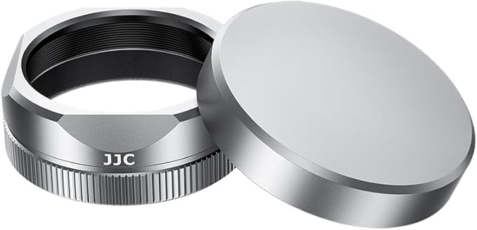 JJC Metal Square Lens Hood Shade with Lens Cap for Fuji Fujifilm X Half XHalf Compact Camera, X Half Protective Lense Cover with Cap Keeper, Anti-Scratch, Anti-Lost, Silver Color