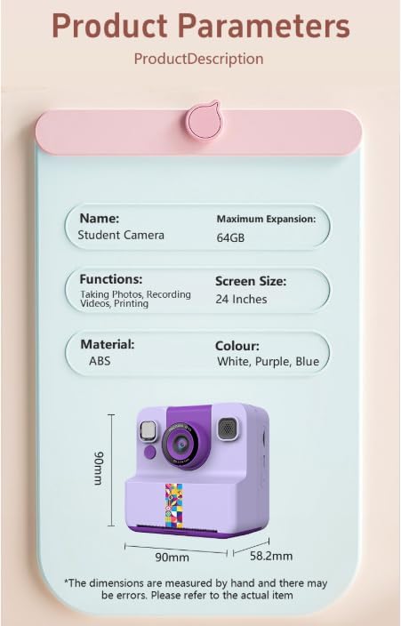 Children's Instant Printing Camera, 1080p Video Recording Children's Instant Cameras, 180 ° Rotating Selfie Lens, 1 Roll of Printing Paper, Toy Gifts for Boys and Girls Aged 3-12 (Pink)