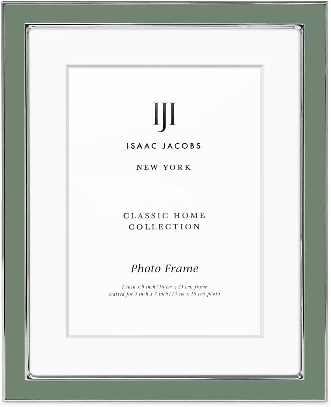 Isaac Jacobs 7x9 (Matted 5x7) Rosemary Green Enamel Picture Frame with Silver Metal Edge and Easel, Tabletop Display, Wall Décor, Photo Gallery, (7x9 (Matted 5x7), Rosemary Green with Silver)