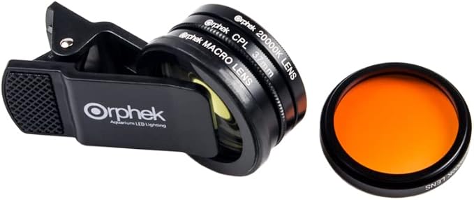Orphek Coral Lens – Kit for All Smartphones – 4 Lens Included: Macro, CPL 37mm Polarized, 15,000k Orange, 20,000k Yellow – Universal Phone Clip – Lens Made of Glass – for Better Photography