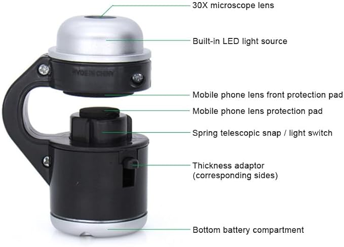 Jiusion 30X Zoom Bright LED Stereo Microscope Magnifier Clip-On Cell Phone Mobile Phone Camera Lens Compatible with Apple iPhone Samsung iPad