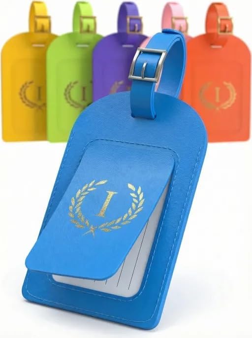 Luggage Tags for Suitcases 6 Pack PU Leather Travel Bag Tags with Privacy Cover & Stainless Steel Buckle, Vegan Leather Name ID Labels for Travel Bags, Cruise, Airline, Backpack, Baggage Identifier(I)
