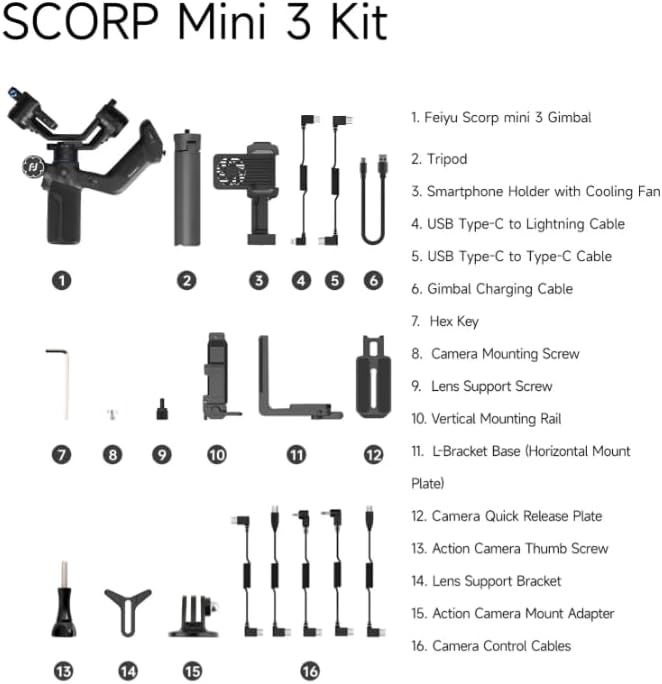 FeiyuTech SCORP Mini 3 [Kit] Gimbal Stabilizer for Mirrorless Cameras&Smartphone, 4.41lbs Payload, Built-in AI Tracking, Quick Vertical Shooting, for Sony/Canon/Nikon/Fujifilm/DJI Action/Gopro/iPhone