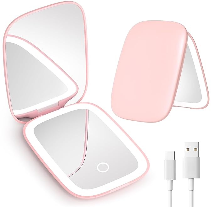 Compact Mirror with Light, 1X/3X Magnification LED Travel Pocket Makeup Mirror with 3 Color Modes, Rechargeable and Dimmable, Portable Lighted Mirror for Women – Pink