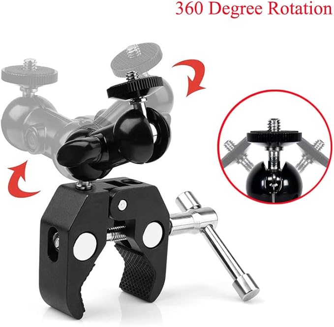 Camera Super Clamp Mount (w/ 1/4 and 3/8 Thread) and Double Ball Head Hot Shoe Mount Magic Arm Adapter for DSLR Camera/Camera Cage/LED Light/Flash Light/Action Camera
