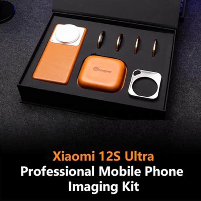 Xiaomi 12S Ultra Phone Case, 4pcs 52mm Cell Phone Lens Filters Kit with CPL, Adjustable ND, Black Mist and Star Flare Filter Lenses, Cowhide Cell Phone Case with Magnetic Attraction, Orange