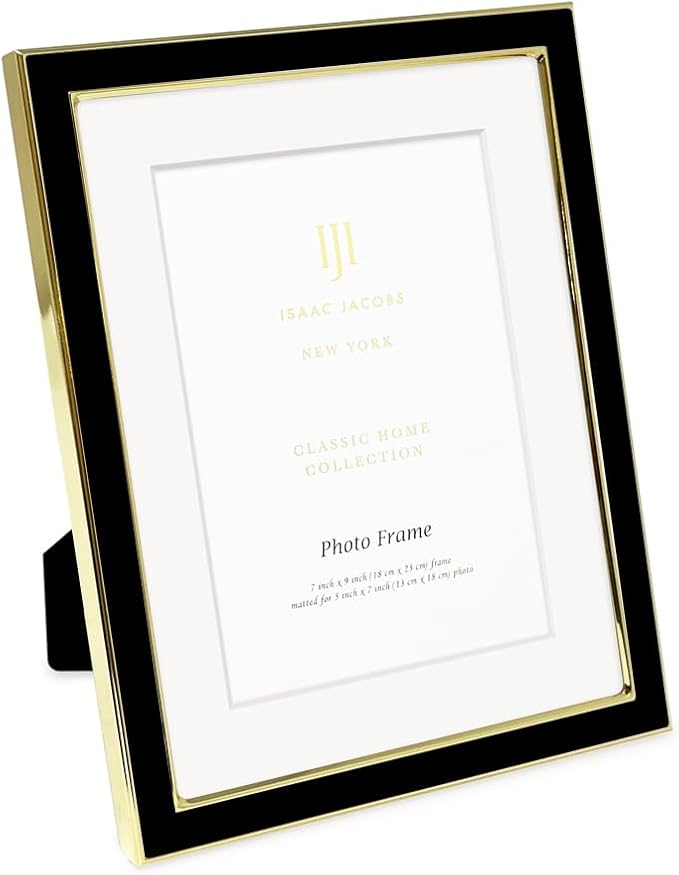 Isaac Jacobs 7x9 (Matted 5x7) Black Enamel Picture Frame with Gold Metal Edge and Easel, Tabletop Display, Wall Décor, Photo Gallery, (7x9 (Matted 5x7), Black with Gold)