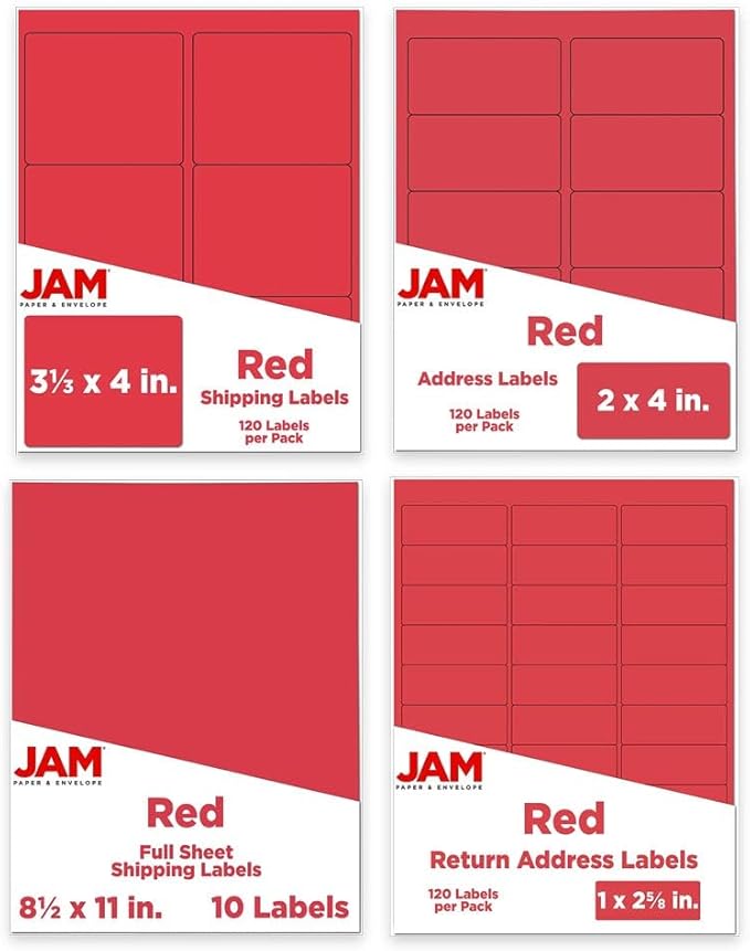 JAM PAPER Shipping & Mailing Address Labels - Multi Size Assortment - Red - 370/Pack