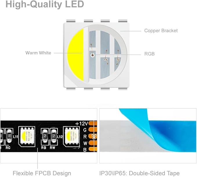BTF-LIGHTING 5050 RGBW RGB+Cool White(6000K-7000K) 4 Colors in 1 LED Tape Light DC12V 5m 16.4ft 60LED/m Multi-Colored IP30 Black 12mm PCB for Bedroom Kitchen Home Decoration(No Adapter or Controller)