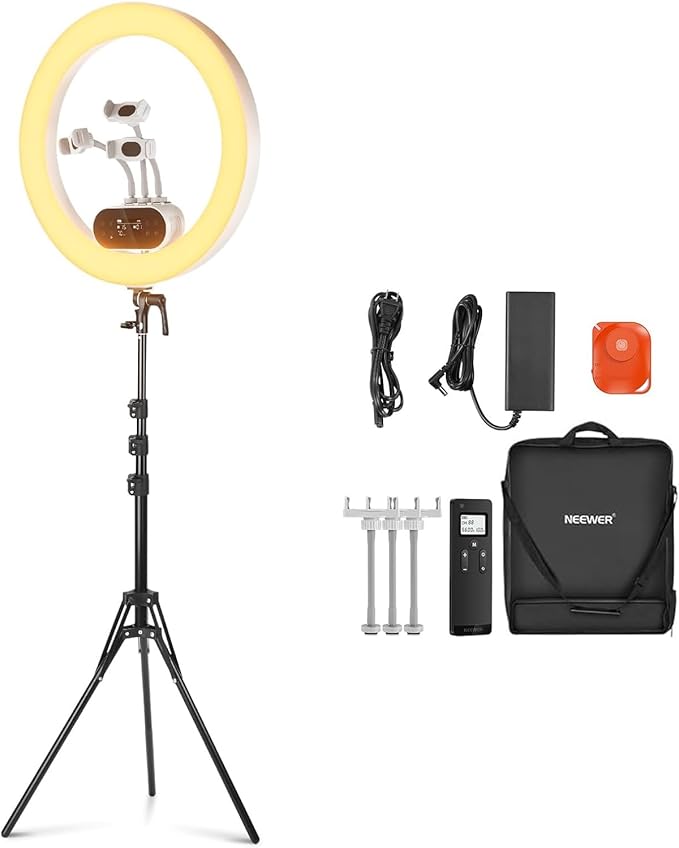 NEEWER 19" 100W High Power LED Ring Light with Tripod Stand & 3 Phone Holders Compatible with iPhone, 2900-7000K CRI97+ App&2.4G Control Lighting for Selfie Video Recording Makeup Streaming, RH100B