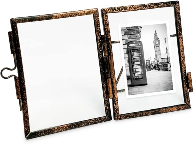 Isaac Jacobs 2x3, Antique Bronze, Vintage Style Brass and Glass, Metal Floating Picture Frame (Vertical) with Locket Closure, for Photos, Art, & More, Tabletop Display (2x3 Antique Bronze)