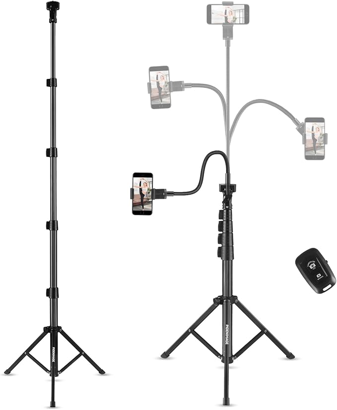 61" Phone Tripod Stand with 15.7" Flexible Gooseneck and Phone Holder, Extendable Cell Phone Stand, Portable Tripod for Photography, Video Recording, Live Stream