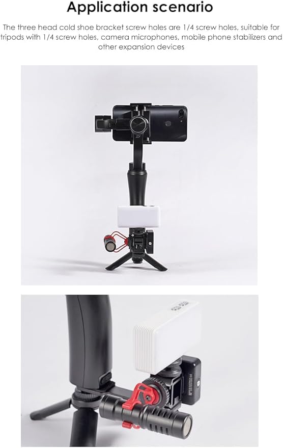 Triple Cold Shoe Mounts Plate Microphone Led Video Light Extension Bracket Microphone Stand Rig Compatible for DJI OSMO Mobile 3 2 OM 4 Zhiyun Smooth 4/Feiyu Vimble 2 Gimbal Stabilizer