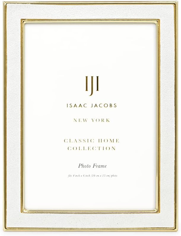 Isaac Jacobs 4x6 White Leather with Gold Metal (Vertical & Horizontal) Picture Frame, Suede Border w/Black Fabric Easel, Wall-Mountable, Made For Tabletop, Photo Gallery (4x6, White W/Gold)