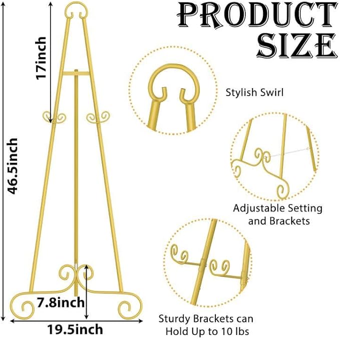 Display Easel, Metal Round Tube Scroll Vintage Gold Decorative Adjustable Floor Standing Easel with Chain Support, Perfect for Showcasing Pictures, Artwork, Picture Frame Wedding Sign Etc