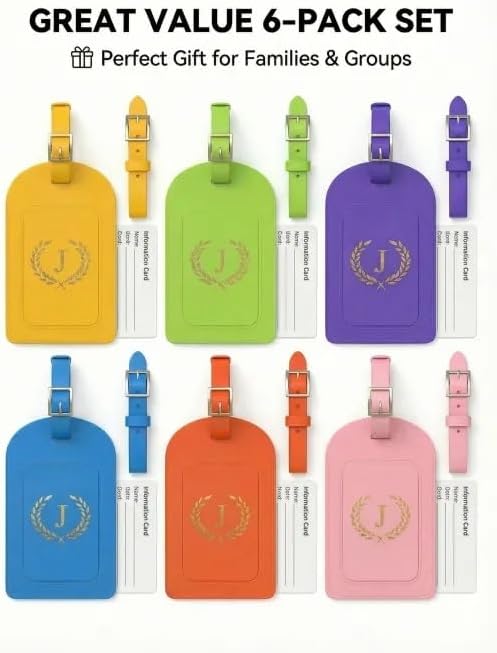 Luggage Tags for Suitcases 6 Pack PU Leather Travel Bag Tags with Privacy Cover & Stainless Steel Buckle, Vegan Leather Name ID Labels for Travel Bags, Cruise, Airline, Backpack, Baggage Identifier(J)