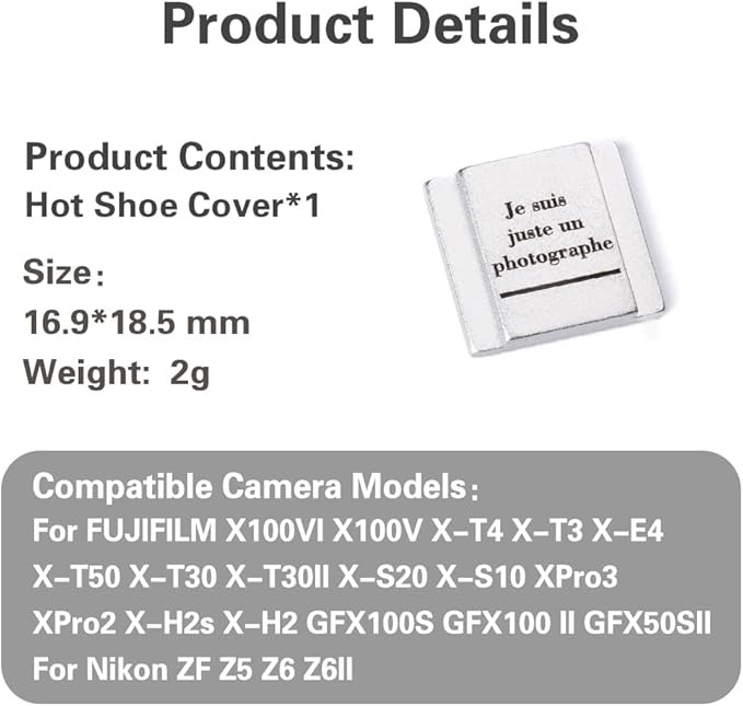 Camera hot Shoe Cover for Nikon z9 z8 z7 z50 z30 zf d3500 d810 for Fuji X100VI X100V X-M5 X-E5 X-T30 (Photographer)