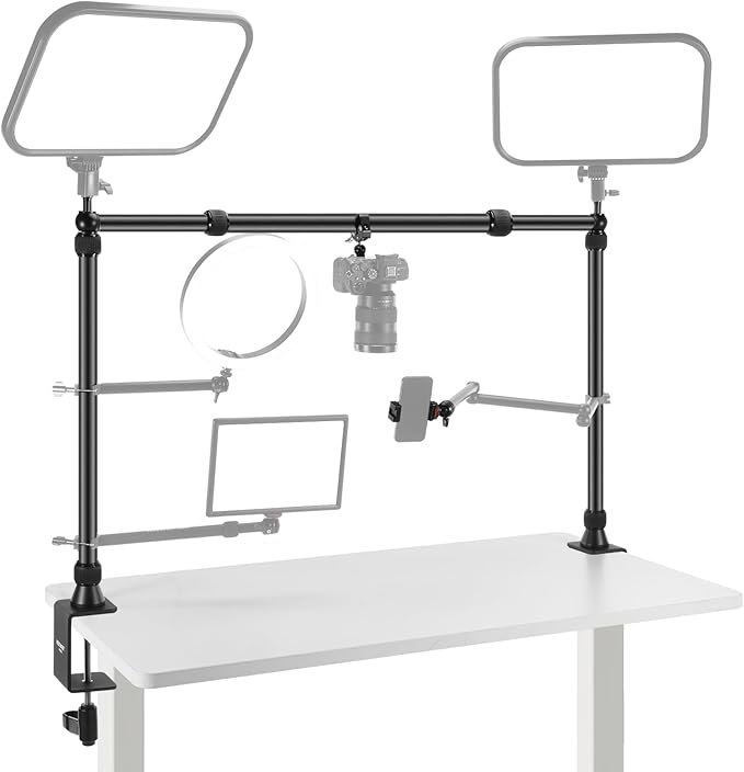 NEEWER Overhead Camera Mount Rig with 2 Ball Heads, Super Clamp/Mobile Phone Holder/Camera Desk Mount, Multi Device Mount, Platform Overhead Tripod, Adjustable Height Width, Max Load 12 kg, NK002