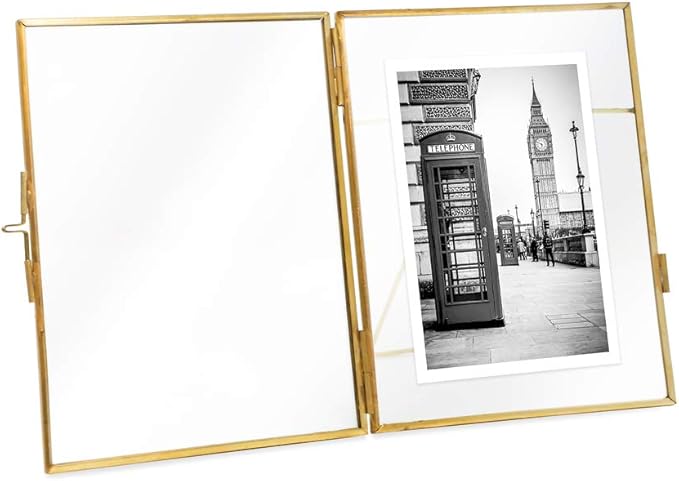 Isaac Jacobs 6x8, Antique Gold, Vintage Style Brass and Glass, Metal Floating Picture Frame (Vertical) with Locket Closure, for Photos, Art, & More, Tabletop Display (6x8 Antique Gold)