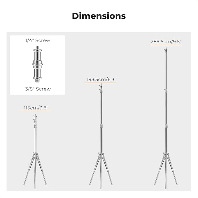 K&F CONCEPT 9.2ft/2.8m Stainless Steel Light Stand, Spring Cushioned Heavy Duty Photography Tripod Stand with 1/4” to 3/8” Universal Screw Adapter for Strobe,LED Video Light,Ring Light,Softbox