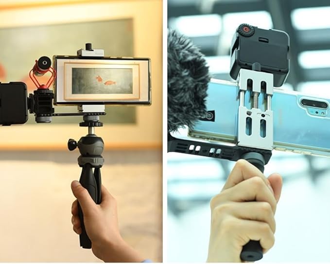 Aluminum Metal Phone Tripod Mount with 3 Cold Shoes & 1/4" Arca Port,360°Rotation Cell Phone Tripod Adapter for Phone Stand Holder, Compatible for iPhone Samsung and Other Smartphone