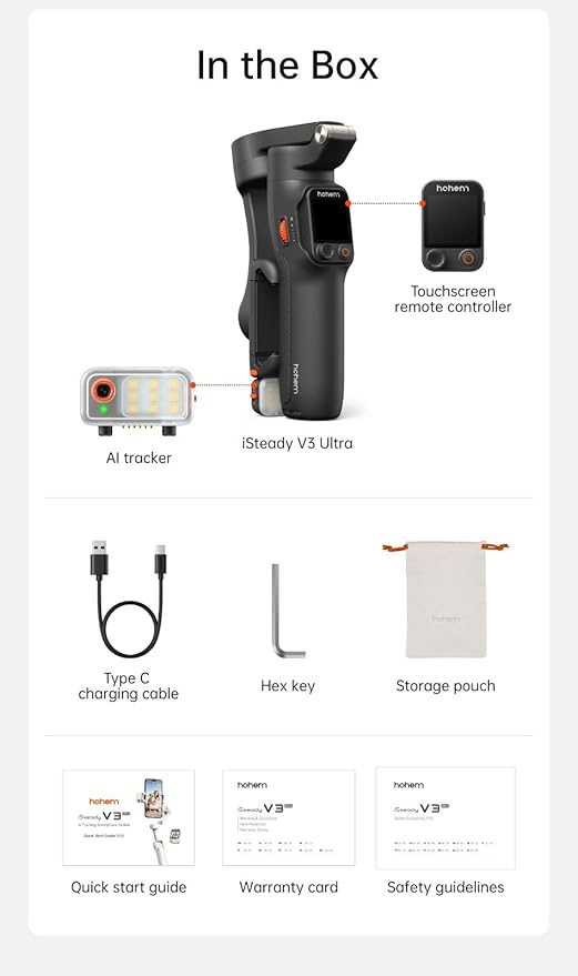 hohem iSteady V3 Ultra Gimbal Stabilizer for iPhone,Phone Gimbal with AI Tracking and Bi-Fill Light Built-in Extendable Rod & Tripod,Detachable Remote Control,Stabilizer for Video Recording (Black)