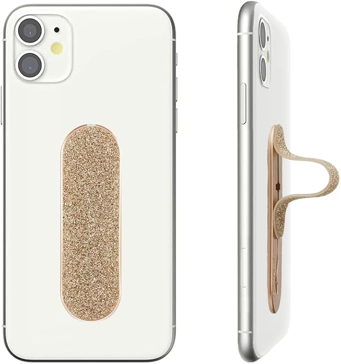 Momostick Flatstick, Cell Phone Finger Grip Strap Holder for Hand, Cell Phone Stand, New Slim Finger Loop Selfie Grip Compatible with Most Smartphones - Glitter Gold