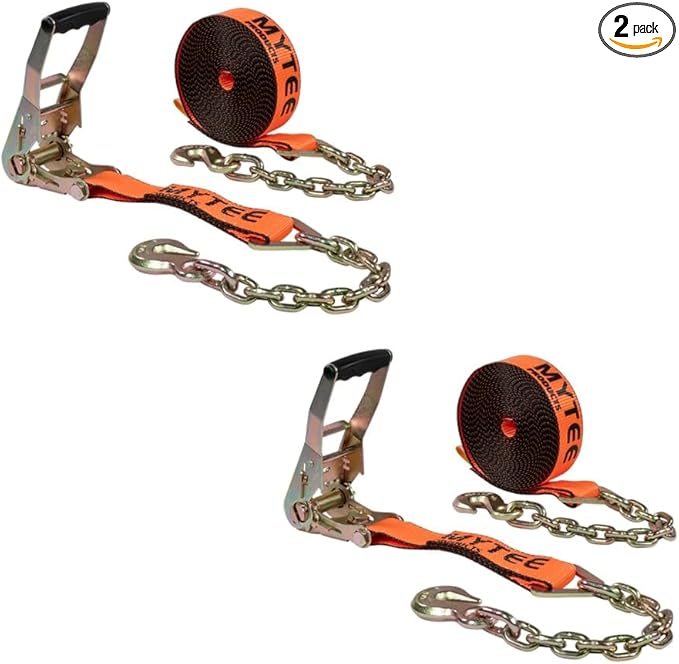 Mytee Products 2 Pack 2" x30' Orange Ratchet Strap with Chain Anchor - 4000 Lbs WLL High Abrasion Heavy Duty Tie Down Cargo Truck Straps with Chan Anchor for Flatbed, Truck, Trailers, Pickup