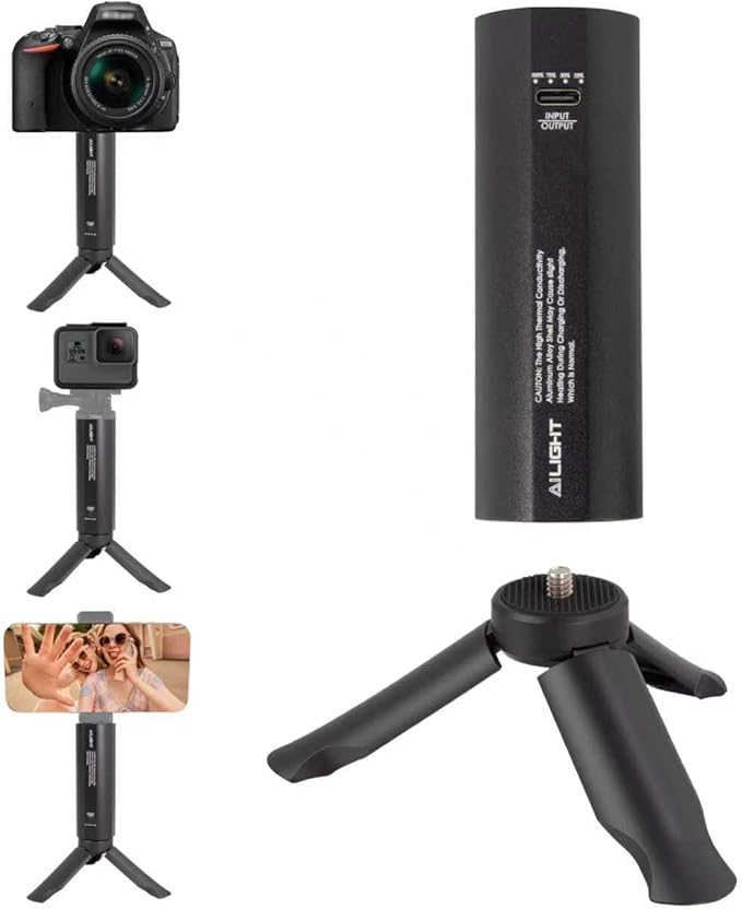 Ailight Battery Handle Grip, 5000mAh Extended Power with 20W PD Charging, Portable Charger Tripod Vlog Accessory with 1/4" Screw for GoPro Hero 13/12/11/10/9 & Insta360 DJI Action 6/5 Camera - Black