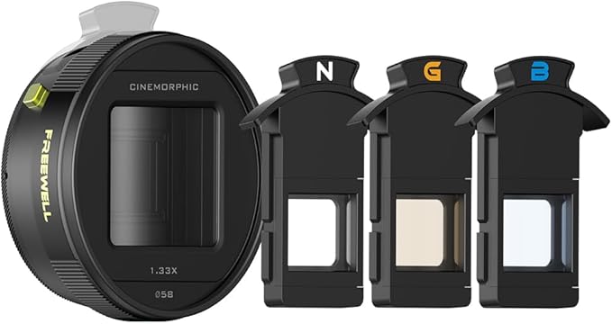 Freewell 1.33x Anamorphic Lens for iPhone & Samsung - 3 Flare Colors in One Lens (Neutral, Gold, Blue) - Cinematic Smartphone Lens with Oval Bokeh - Compatible with 17mm Mount Phone Case & Cage.