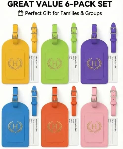 Luggage Tags for Suitcases 6 Pack PU Leather Travel Bag Tags with Privacy Cover & Stainless Steel Buckle, Vegan Leather Name ID Labels for Travel Bags, Cruise, Airline, Backpack, Baggage Identifier(H)