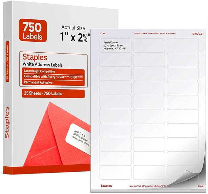 Staples 1" x 2-5/8" Address Labels, White – Printable Laser & Inkjet Mailing Labels, 750 Labels per Box