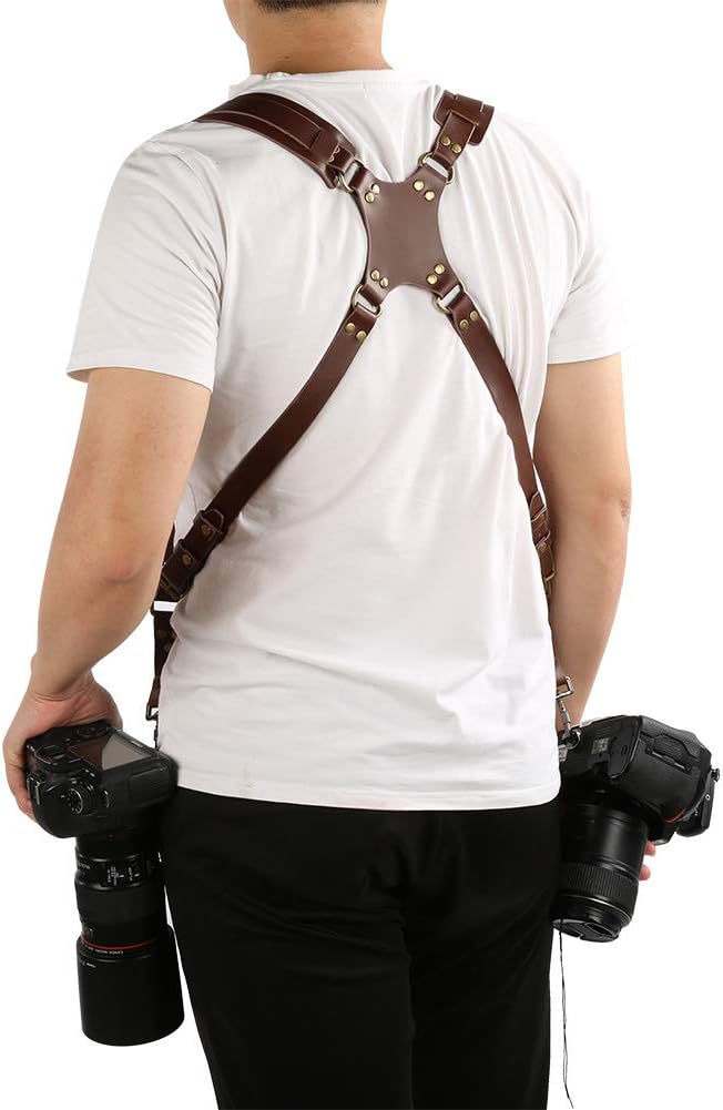 Qiilu Leather Camera Strap Adjustable Dual Leather Rivet Double Shoulder Digital Camera Shoulder Strap Harness Accessory