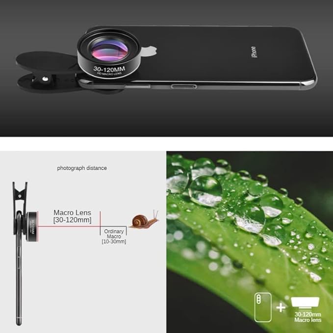 30-120mm Macro Zoom Lens, for iPhone, Samsung, Android, Pixel, Black, Mixed Materials, HD Coating, 4:1 Zoom Ratio, Auto/Manual Focus, Compatible with Most Smartphones