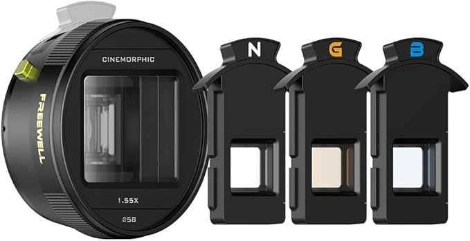 Freewell 1.55x Anamorphic Lens for iPhone & Samsung - 3-in-1 Streak (Neutral, Gold, Blue) - Cinematic Smartphone Lens with Oval Bokeh - Compatible with 17mm Mount Case & Cage
