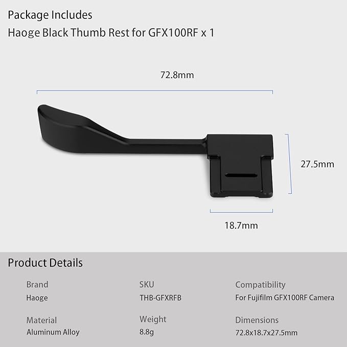 Haoge Metal Thumb Up Grip for Fujifilm GFX100RF Camera Digital AccessoriesTHB-GFXRFB Hot Shoe Thumb Up Rest Support Handgrip Black