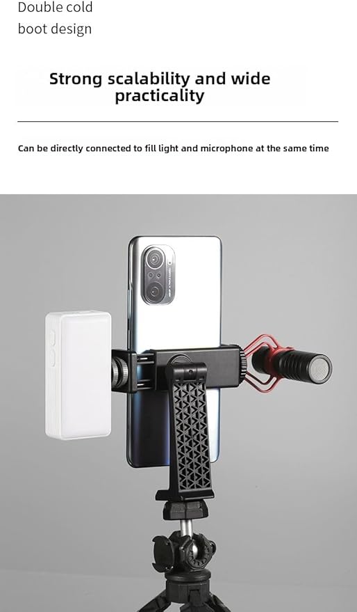 Tripod Phone Mount, Universal Smartphone Mount Adapter with 2 Cold Shoe and 1/4" Screw, 360° Rotates and 180° Tilts Adjustable Cell Phone Clamp Holder for Enhancing Mobile Photography Setup