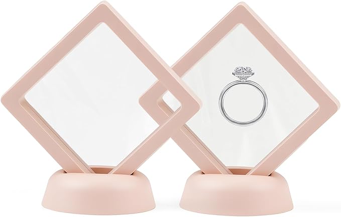 Ring Challenge Coins Display Stand, 3D Display Floating Frame Jewelry Medallion Specimen, Ring Shadow Box Case, 2.75"x2.75"x0.79"(Pink - 2PCS)