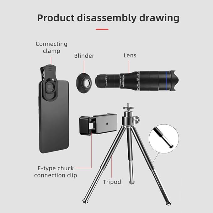 40X Mobile Phone Telephoto Lens Kit, Telephoto Phone Lens for Hiking Camping Wildlife Observation Moon Sports Game Concert Watching, Compatible with Most Smartphone, Bok7 Prism for Crisp Image