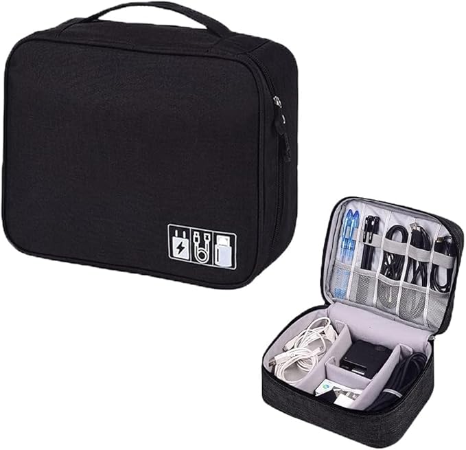 Electronic Accessories Organizer, Portable Travel Cable Storage Bag Tech Pouch with Adjustable Compartments Water-Resistant Handbag for Smart Device Cords Chargers Hard Drives Gadgets