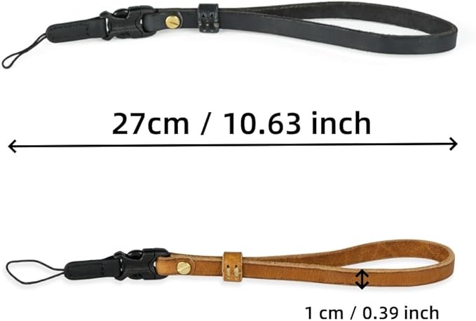 Handmade Cowhide Leather Camera Wrist Strap, Brass Hardware with Duraflex buckle, Black or Brown, Hand-Stitched