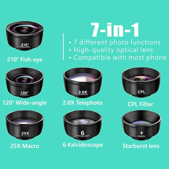 7-in-1 Phone Camera Lens Kit – 210° Fisheye Lens, 120° Wide Angle Lens, 20X Macro Lens for iPhone, Samsung & Android Smartphones – HD Optical Glass, Universal Clip, Portable Case (Black) (7 in 1)