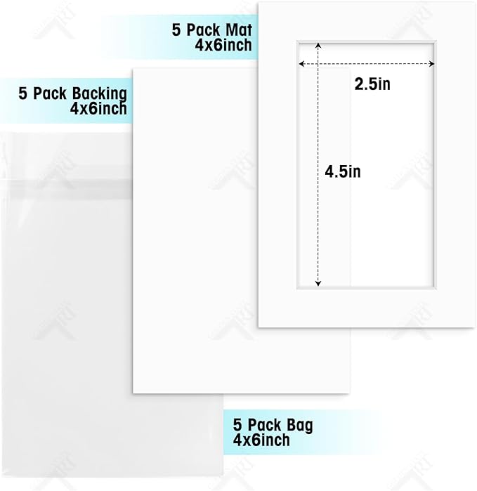 Golden State Art, Acid Free, Pack of 5, 4x6 White Picture Mats Mattes with White Core Bevel Cut for 3x5 Photo + Backing + Bags